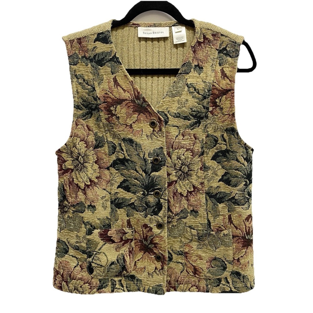 Susan Bristol Floral Tapestry Vest Women's L Ribbed Sweater Back Vintage 90s